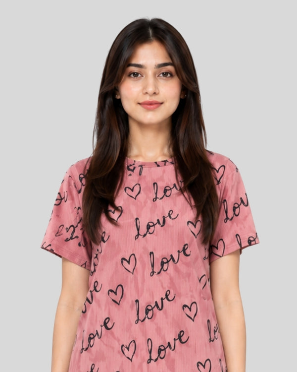 T Pink Love Heart Printed Lounge PJ Set