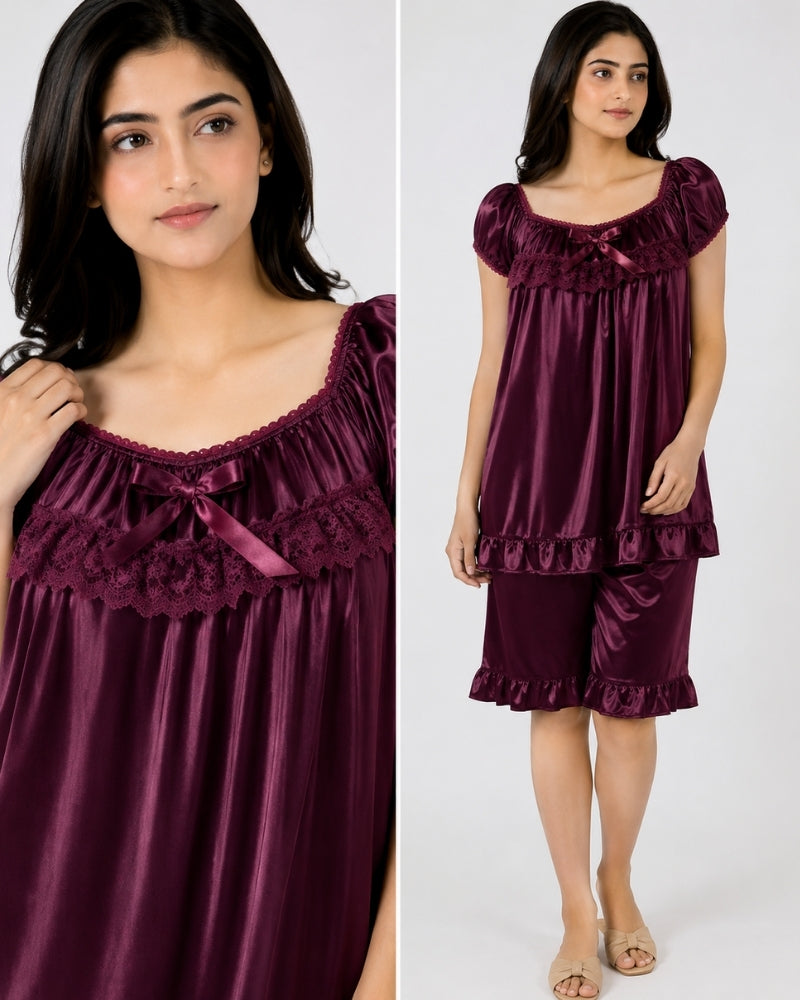 Plum Ruffle Satin Nightwear Set