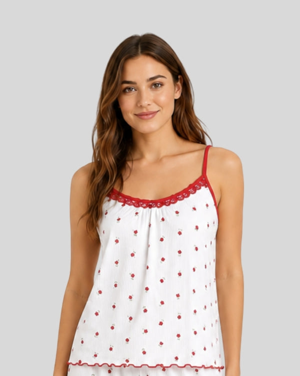 Red Floral Cotton Rib Pajama Set