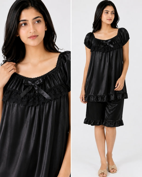 Midnight Ruffle Satin Nightwear Set