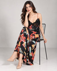 Noir Abstract Ruffle Satin Maxi Nightdress
