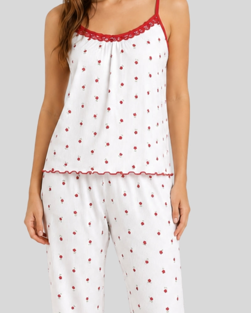 Red Floral Cotton Rib Pajama Set