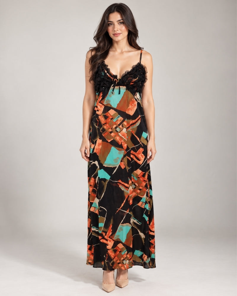 Teal Ember Abstract Satin Maxi Nightdress