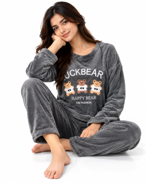 Cozy Bear Plush Winter Pajama Set – Charcoal Grey