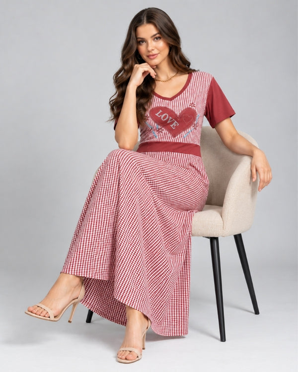 Dusty Rose Love Check Maxi Nightdress