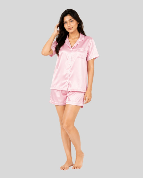 Blush Pink Satin Piping Night Suit