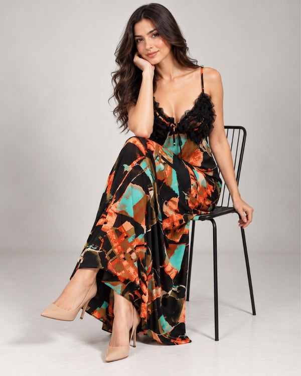 Teal Ember Abstract Satin Maxi Nightdress