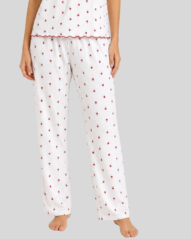 Red Floral Cotton Rib Pajama Set