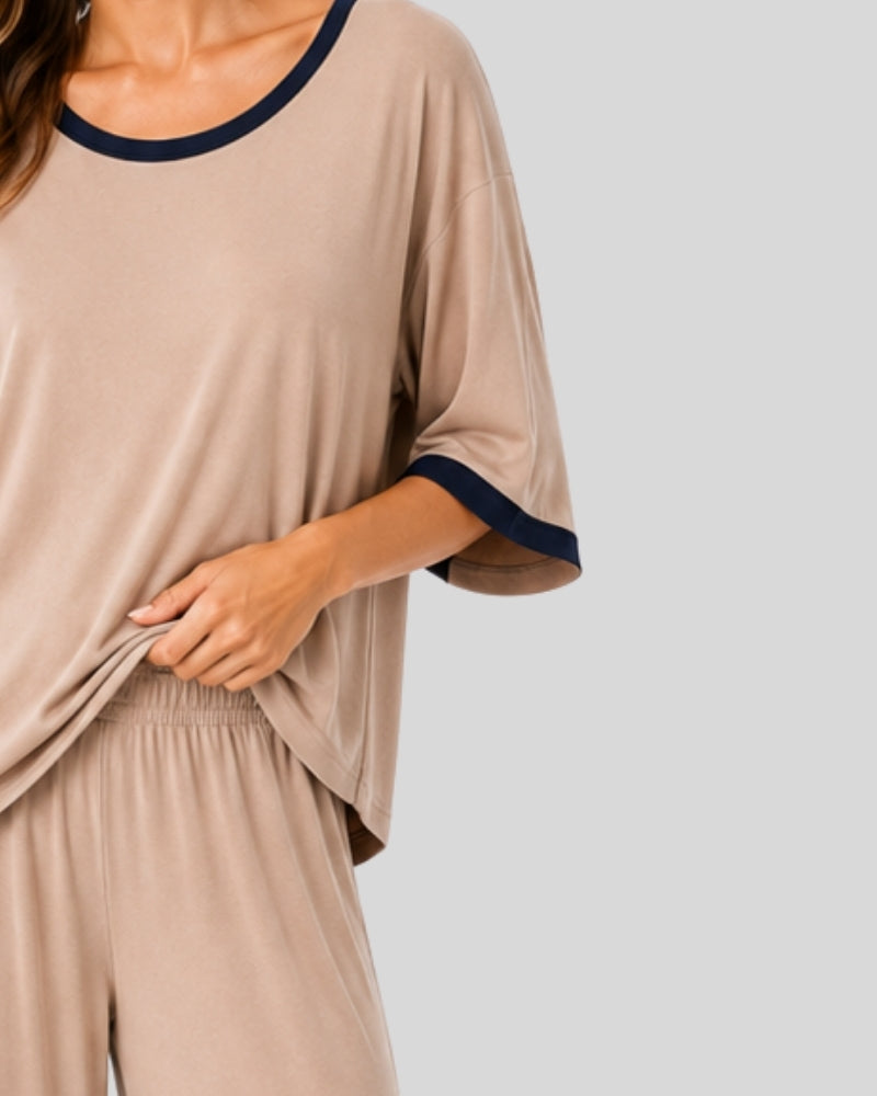 Coffee Color with Black Round Neck PJ Set