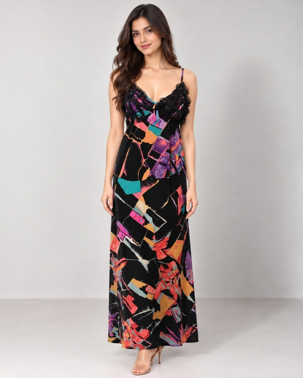 Neon Mosaic Satin Maxi Nightdress
