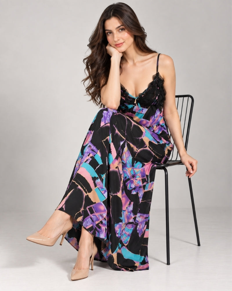 Neon Mosaic Satin Maxi Nightdress