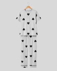 Grey With Black Multi Hearts Printed PJ Set
