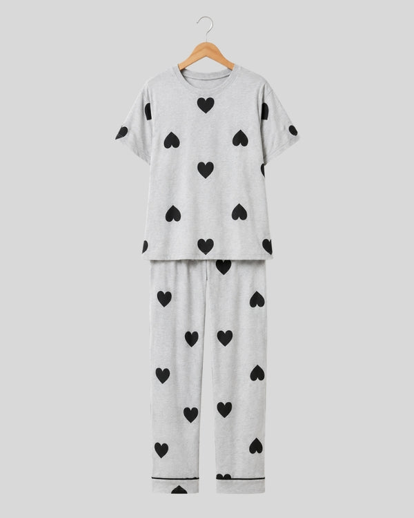 Grey With Black Multi Hearts Printed PJ Set