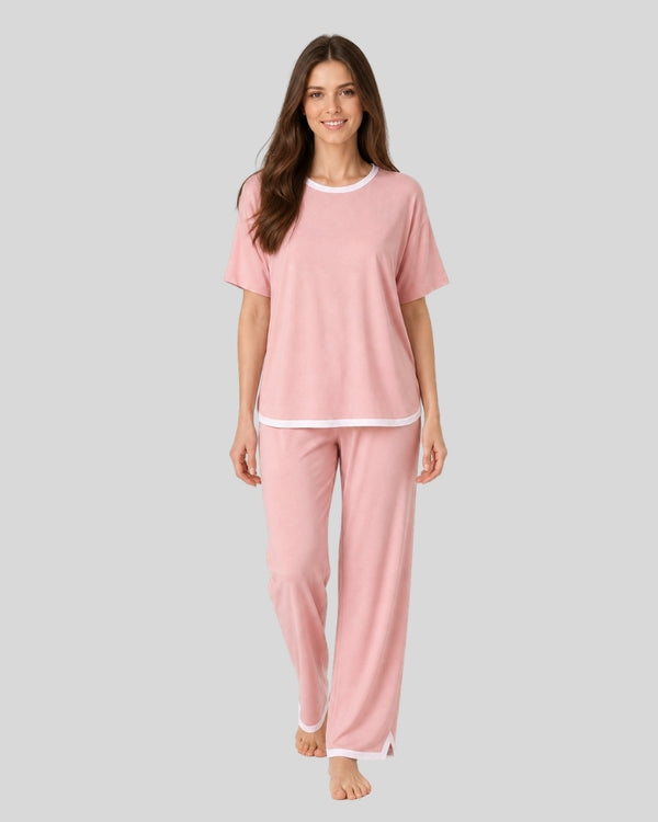 Rose Pink Contrast Trim Lounge PJ Set