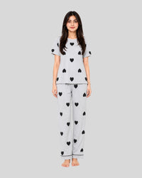 Grey With Black Multi Hearts Printed PJ Set