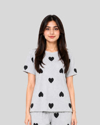 Grey With Black Multi Hearts Printed PJ Set
