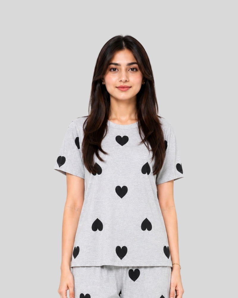 Grey With Black Multi Hearts Printed PJ Set