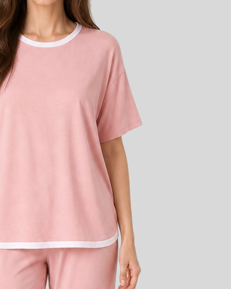 Rose Pink Contrast Trim Lounge PJ Set