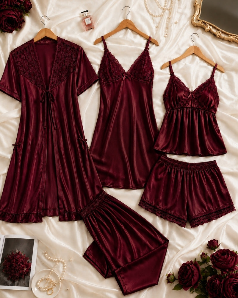 Wine Satin 5-Piece Set