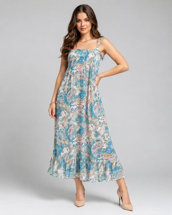 Aqua Paisley Ruffle Maxi Nightdress