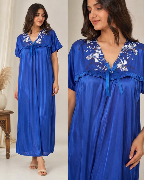 Royal Blue Bloom Satin Maxi Nightdress