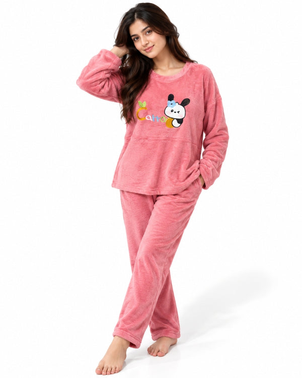 Cozy Bunny Plush Winter Pajama Set – Coral Pink