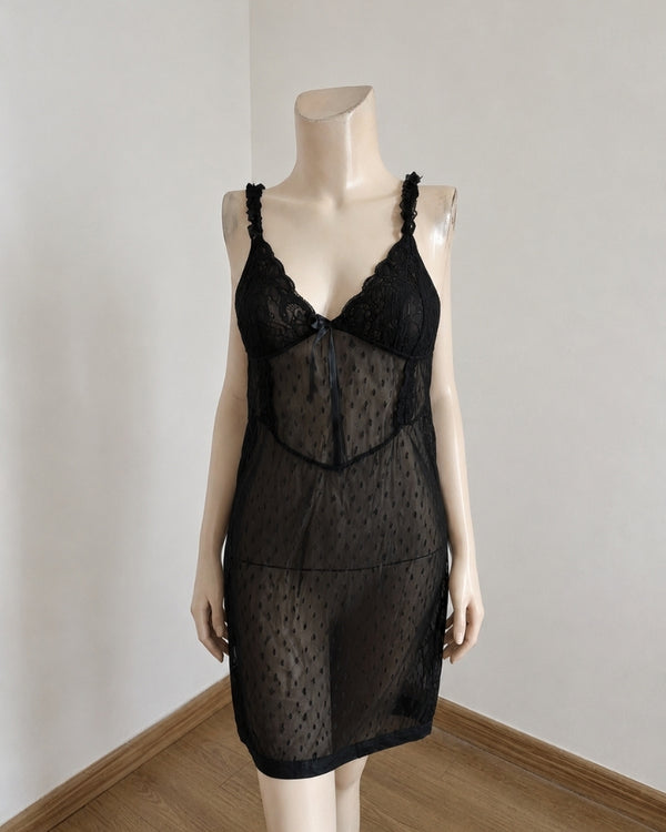 Midnight Dotted Mesh Lace Chemise