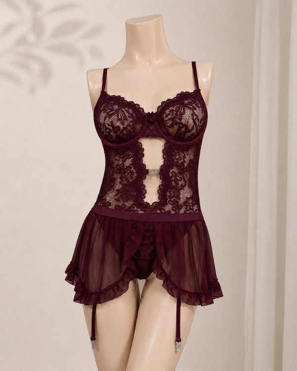 Maroon Fleur Lace Cami Set