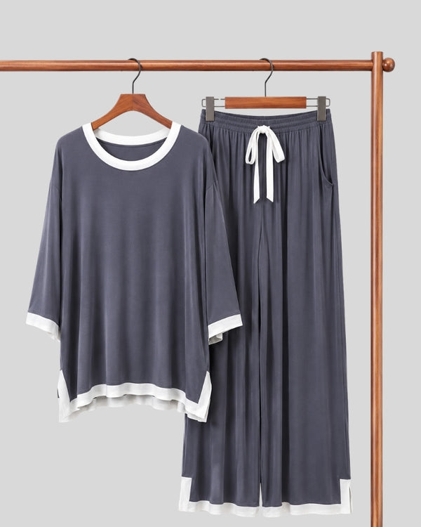 Grey White Round Neck Contrast Lounge PJ Set