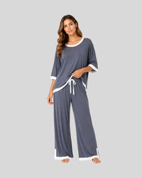 Grey White Round Neck Contrast Lounge PJ Set