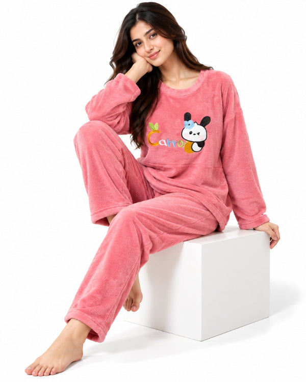 Cozy Bunny Plush Winter Pajama Set – Coral Pink