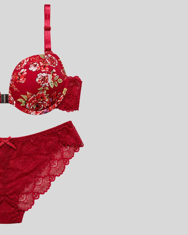 Red Floral Lace Push-Up Bra & Panty Set