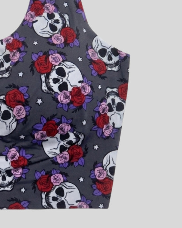 Gothic Skull Rose Print Sports Bra