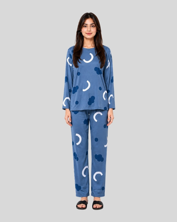 Blue Pattern Printed Lounge PJ Set