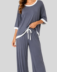 Grey White Round Neck Contrast Lounge PJ Set