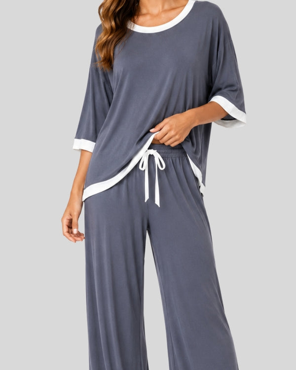 Grey White Round Neck Contrast Lounge PJ Set