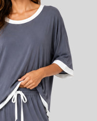 Grey White Round Neck Contrast Lounge PJ Set