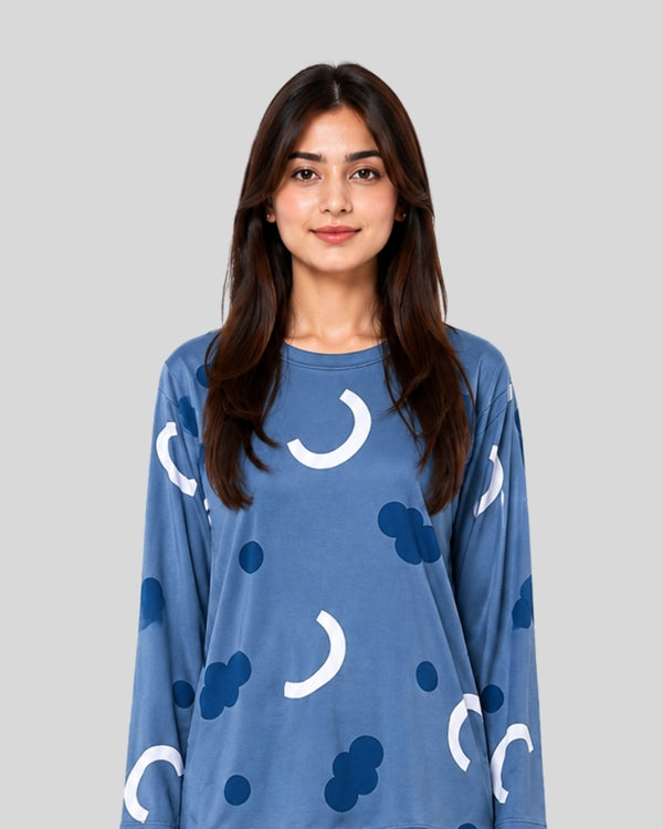 Blue Pattern Printed Lounge PJ Set