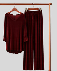 Maroon V Neck Full Sleeve Lounge PJ Set