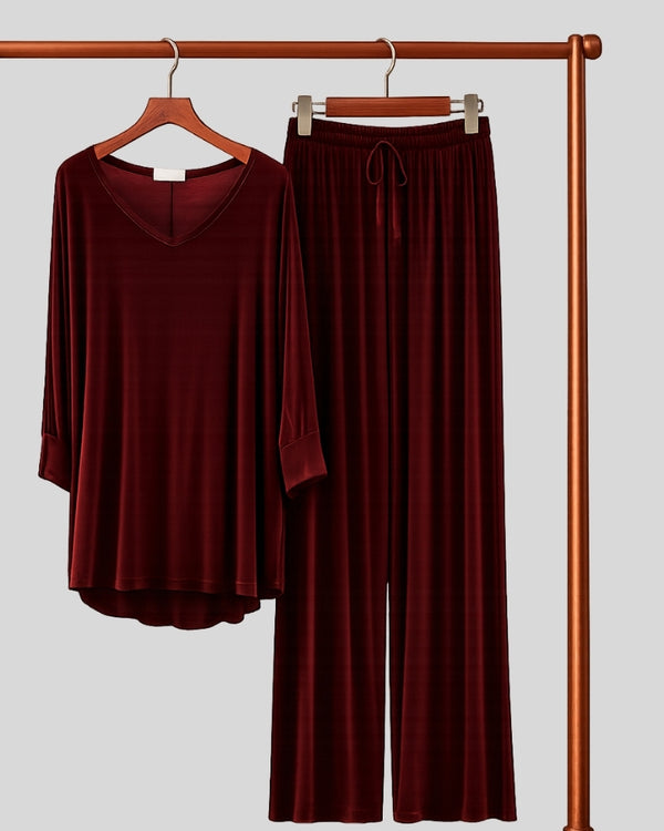 Maroon V Neck Full Sleeve Lounge PJ Set