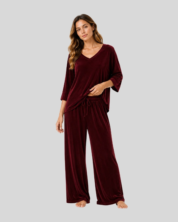 Maroon V Neck Full Sleeve Lounge PJ Set