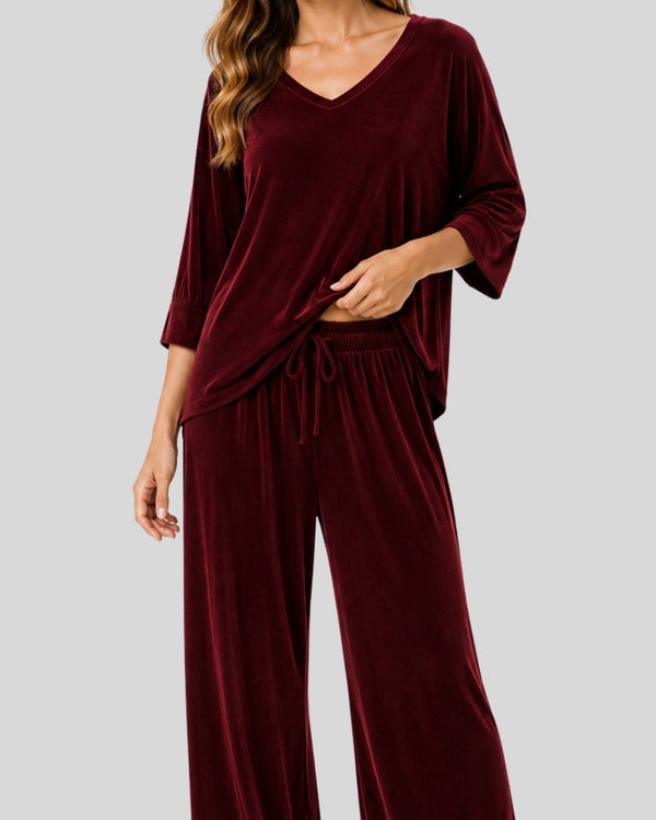 Maroon V Neck Full Sleeve Lounge PJ Set