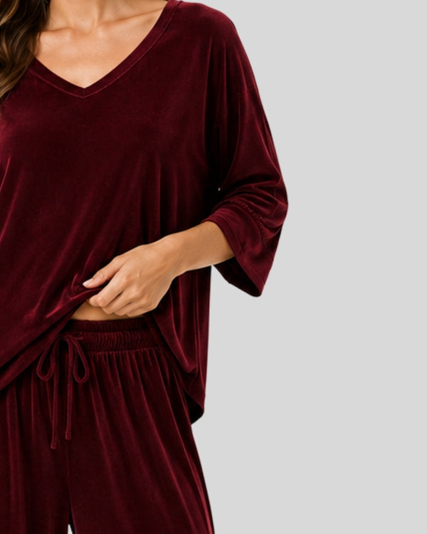 Maroon V Neck Full Sleeve Lounge PJ Set