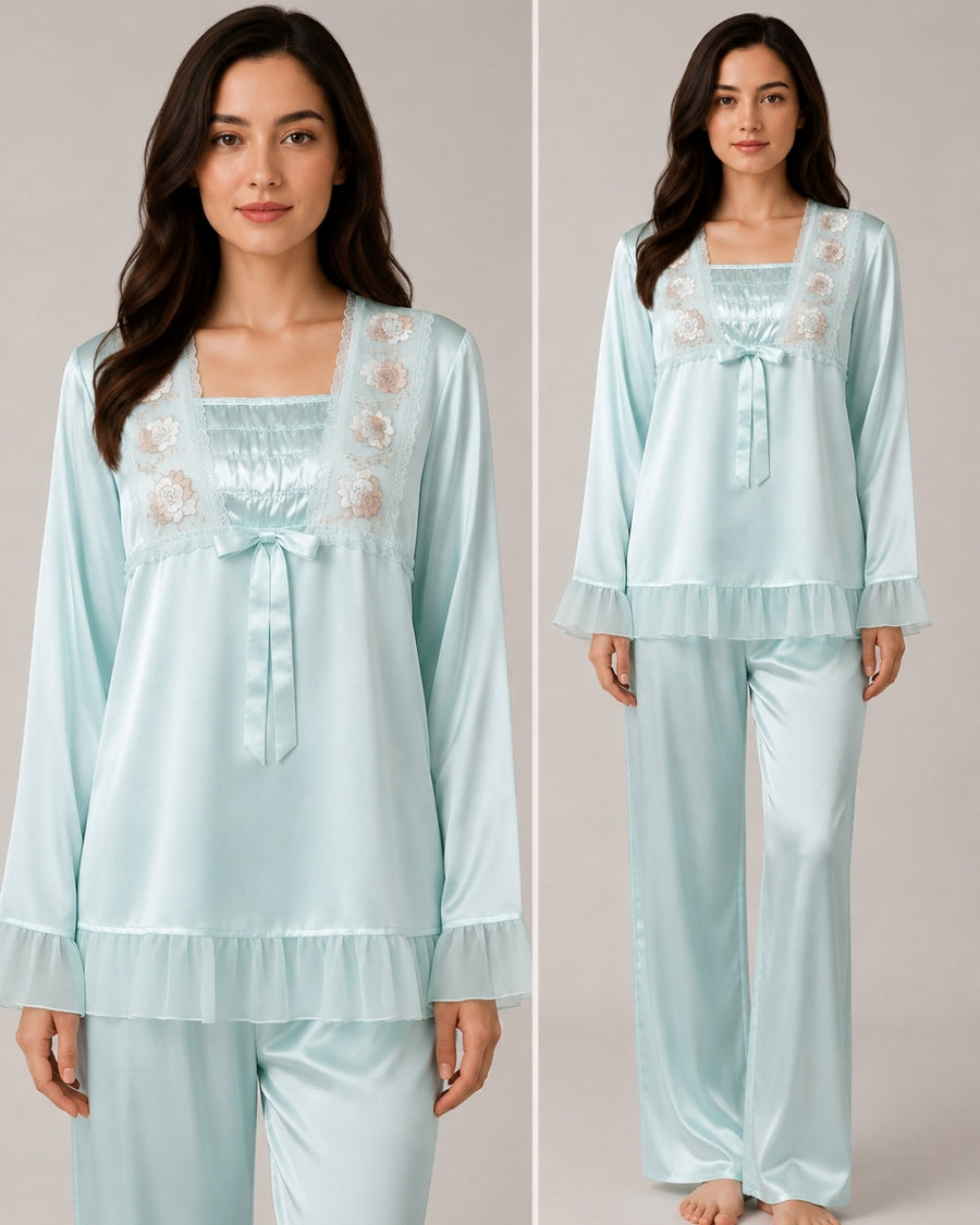 Aqua Blossom Satin PJ Set