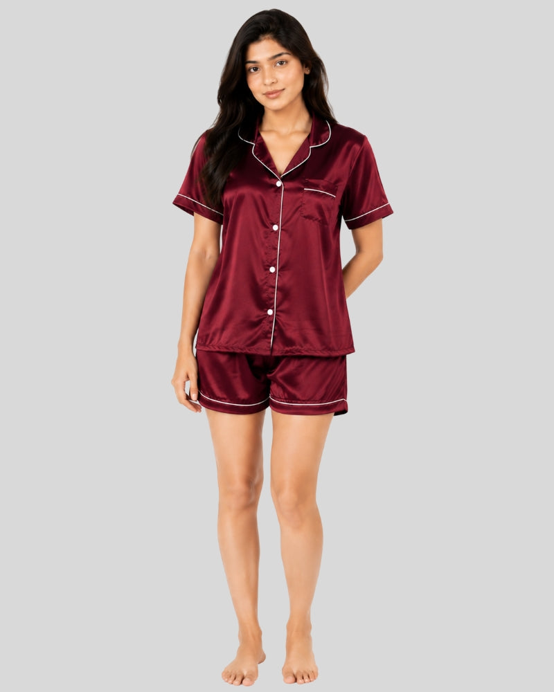 Wine Red Satin Piping Night Suit