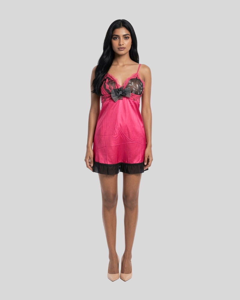 Fuchsia Bow Satin Nightwear