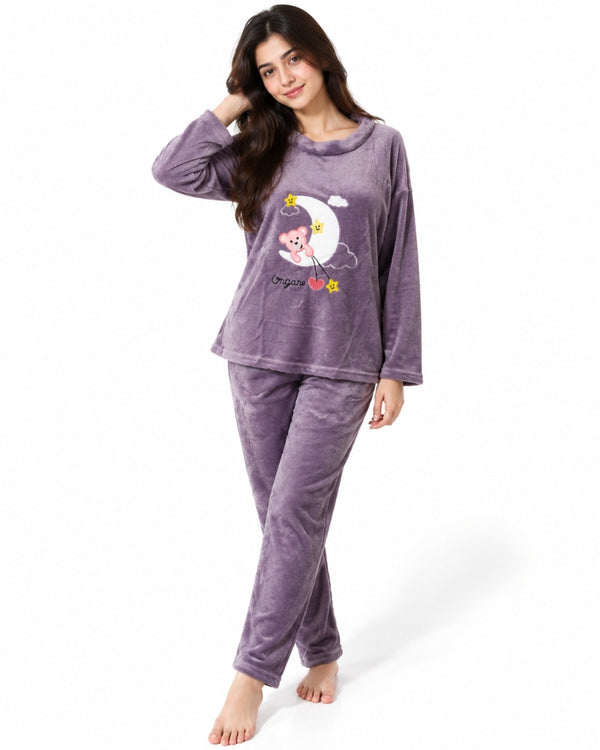 Moonlight Teddy Plush Winter Pajama Set – Dusty Purple