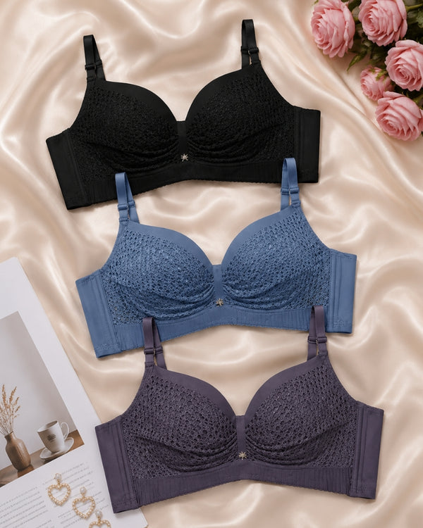 Textured Comfort Lace Support Bra Trio (Black, Blue & Charcoal)