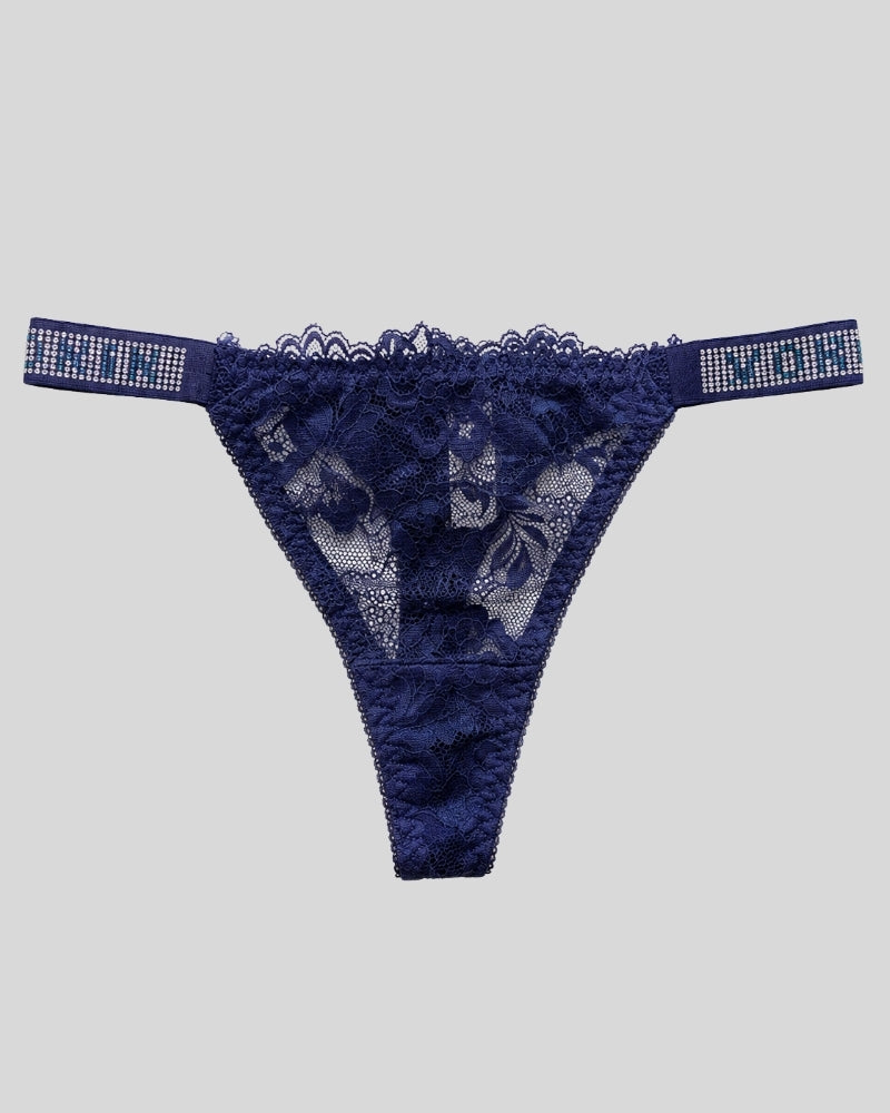 Navy Blue Floral Lace Thong Panty