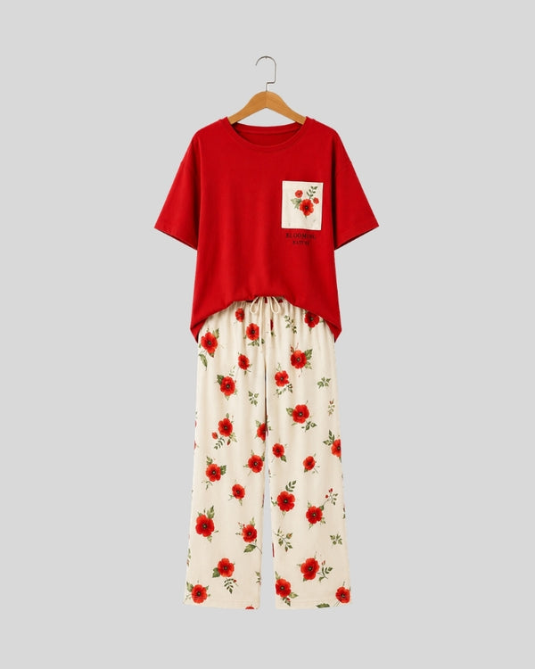 Red Pocket Flower Printed Lounge PJ Set